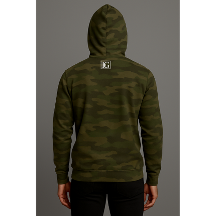 Green camouflage hoodie with a logo on the back against a gray background